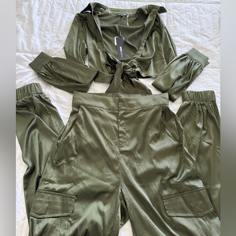 Fashion Nova Olive Green Satin Jumpsuit